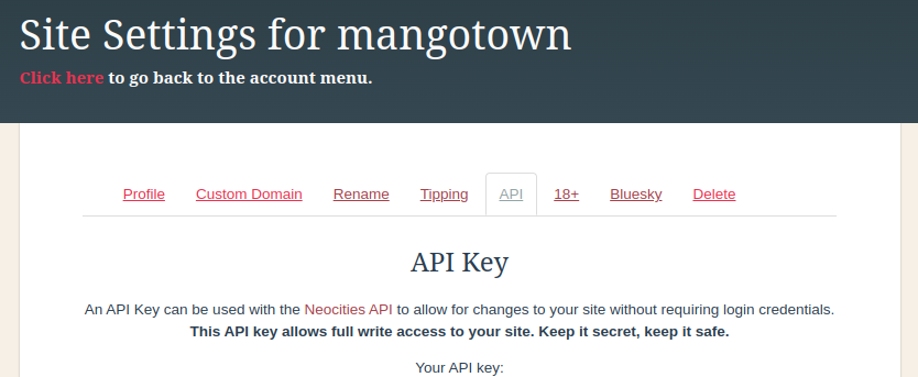 The page where you would find your API key.