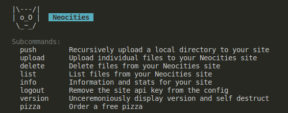 A list of commands of the Neocities's API.