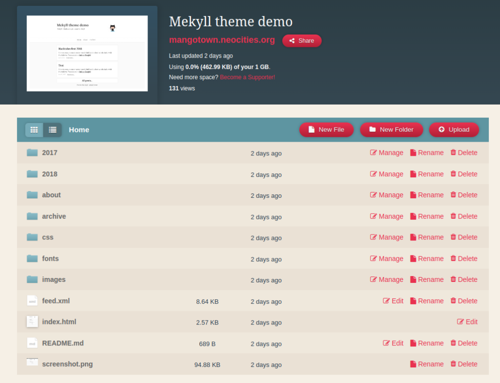 A view of Neocities's file manager. It contains functions like adding, editing and deleting files.