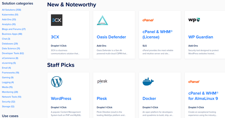 One-click installation options offered by Digital Ocean. Examples include WordPress, Docker, and Plesk.