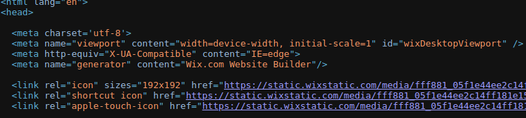 An example of a source code for a website built with Wix. It contains references to Wix.com.